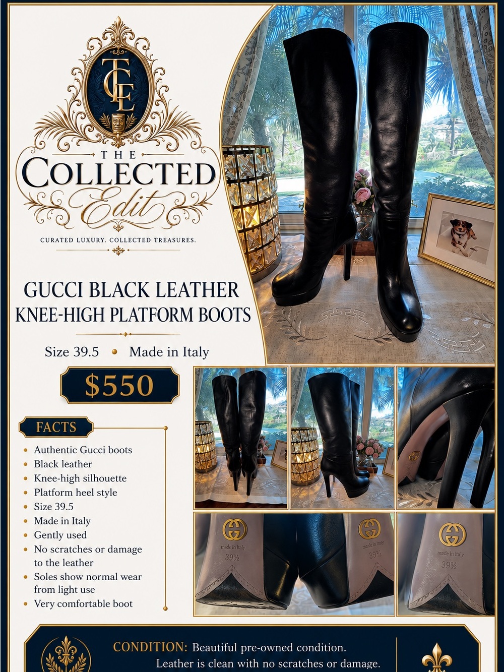 Gucci Black Leather Knee-High Platform Boots
